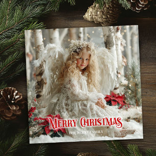 Vintage Christmas angel red poinsettias holiday  Card