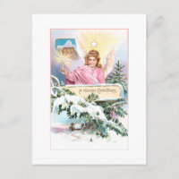 Vintage Christmas Angel, Star & Snow Covered Pine