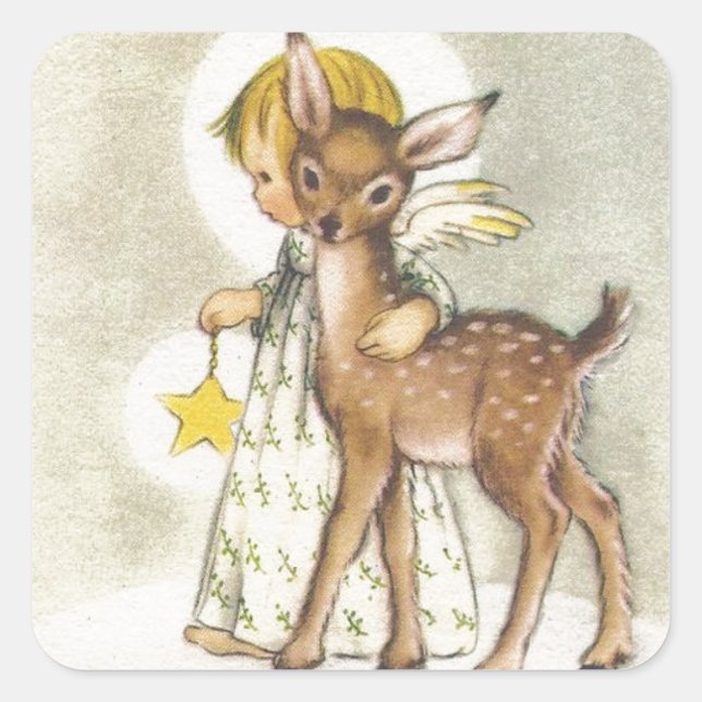 Vintage Christmas Angel With Baby Deer Square Sticker (Front)