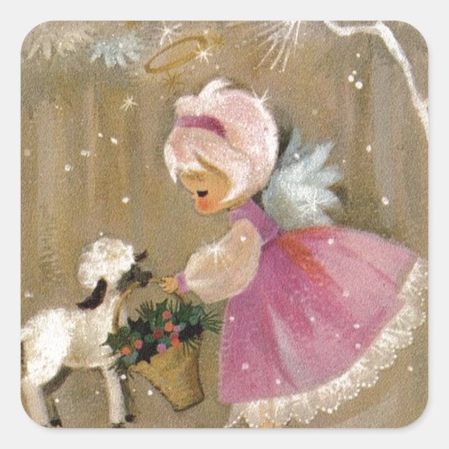 Vintage Christmas Angel With Lamb Square Sticker (Front)
