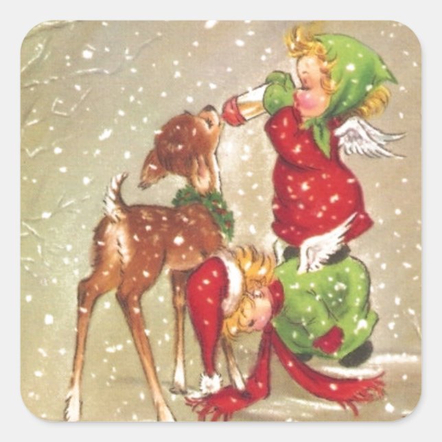 Vintage Christmas Angels Feeding Baby Deer Square Sticker (Front)