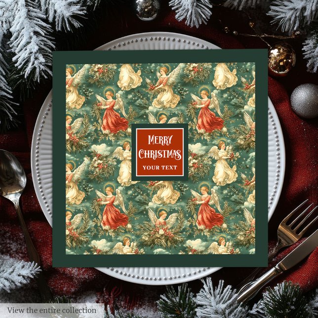Vintage Christmas Angels Pastel Green Deep Red Napkin (Vintage Christmas Angels Pastel Green Deep Red Paper Dinner Napkins)