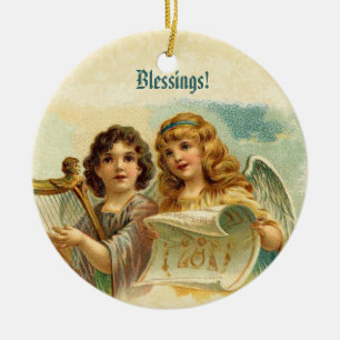 Vintage Christmas Angels Playing Harp Ceramic Ornament