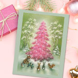 Vintage Christmas Animals Around pink tree Holiday Card<br><div class="desc">Vintage Christmas Animals Around pink tree</div>