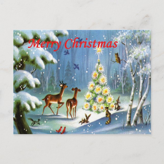 Vintage Christmas Animals in the Woods Post Card (Front)