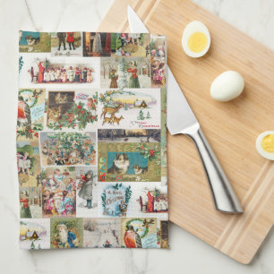 Vintage Christmas Antique Collage  Kitchen Towel