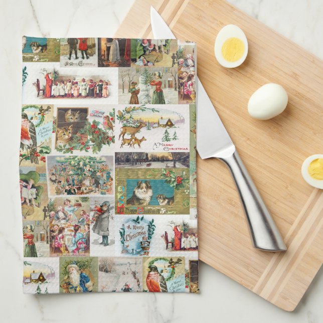 Vintage Christmas Antique Collage  Kitchen Towel (Quarter Fold)