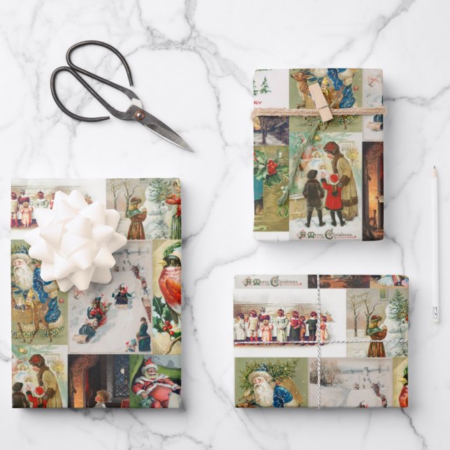 Vintage Christmas Antique Collage Wrapping Paper Sheet (Front)