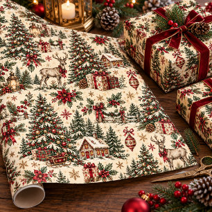 Vintage Christmas Antique Forest Green Trees Wrapping Paper