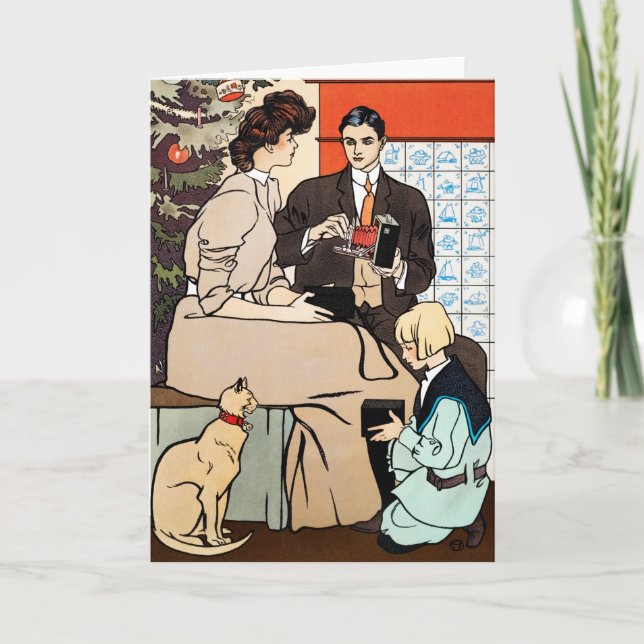 Vintage Christmas Art Nouveau Family Scene Card (Front)