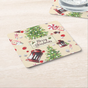 Vintage Christmas Art Pattern Square Paper Coaster