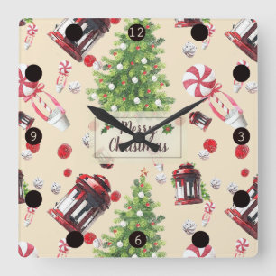 Vintage Christmas Art Pattern Square Wall Clock
