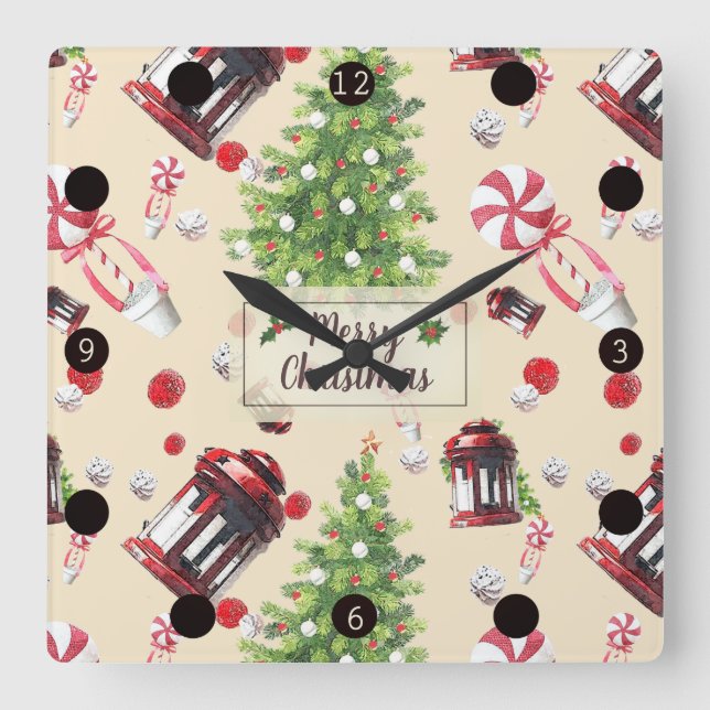 Vintage Christmas Art Pattern Square Wall Clock (Front)