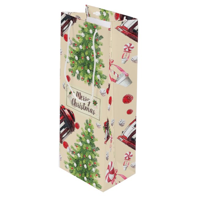 Vintage Christmas Art Pattern Wine Gift Bag (Front Angled)