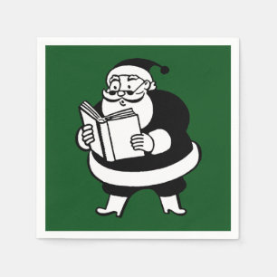 Vintage Christmas B&W Reading Santa on Green Napkin