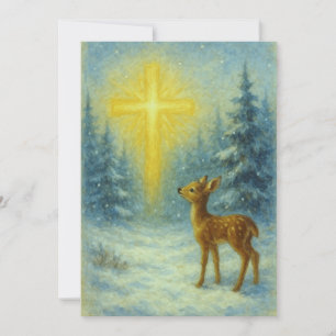 Vintage Christmas Baby Deer with Golden Cross Holiday Card