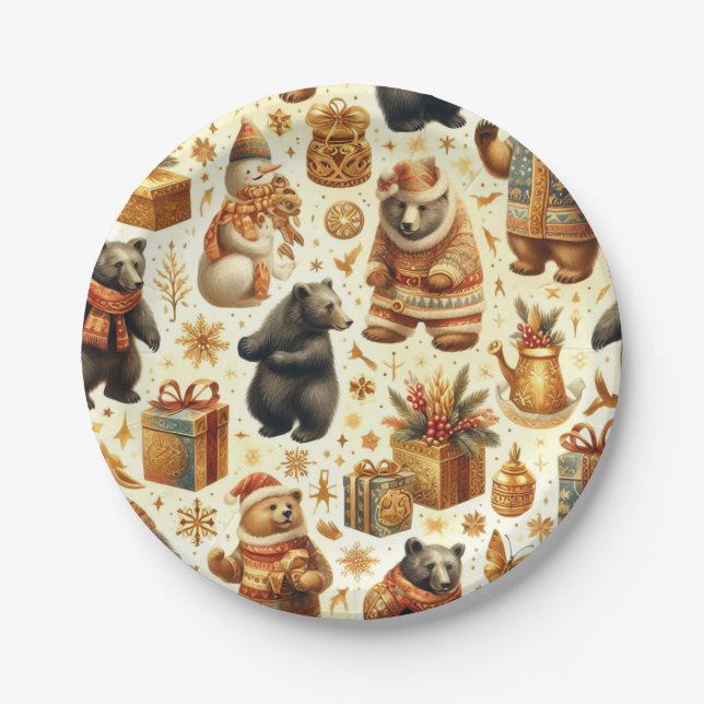 Vintage Christmas Bear Paper Plate (Front)