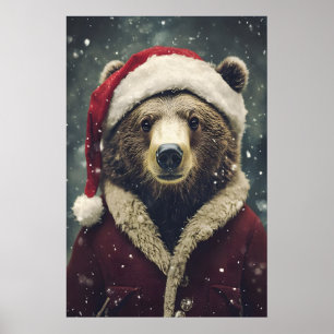 Vintage Christmas Bear Print, Festive Holiday Poster