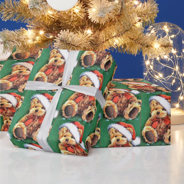Vintage Christmas Bear Wearing Santa Hat Wrapping Paper (Holidays)
