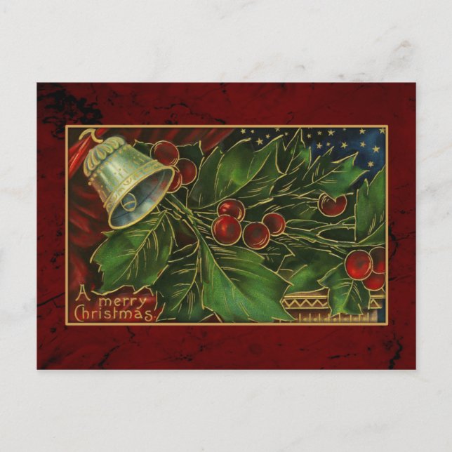 Vintage Christmas Bell and Holly Holiday Postcard (Front)
