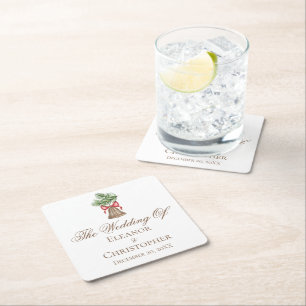 Vintage Christmas Bell Custom Holiday Wedding Square Paper Coaster