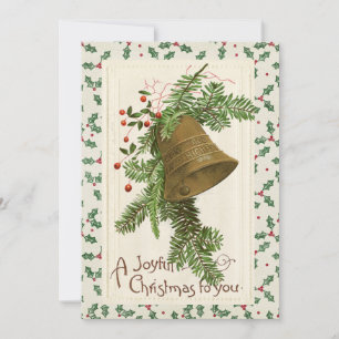 Vintage Christmas Bell Evergreen Joyful Holly      Holiday Card