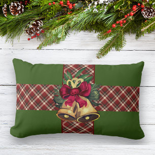 Vintage Christmas Bell Green Plaid Ribbon Lumbar Pillow