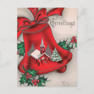 Vintage Christmas bell Holly Church postcard