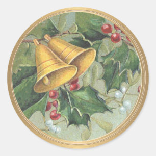 Vintage Christmas Bell Holly Mistletoe Gold Classic Round Sticker