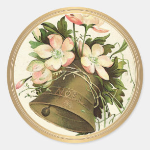 Vintage Christmas Bell (Pink Floral) Metallic Gold Classic Round Sticker