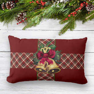 Vintage Christmas Bell Red Plaid Ribbon Lumbar Pillow