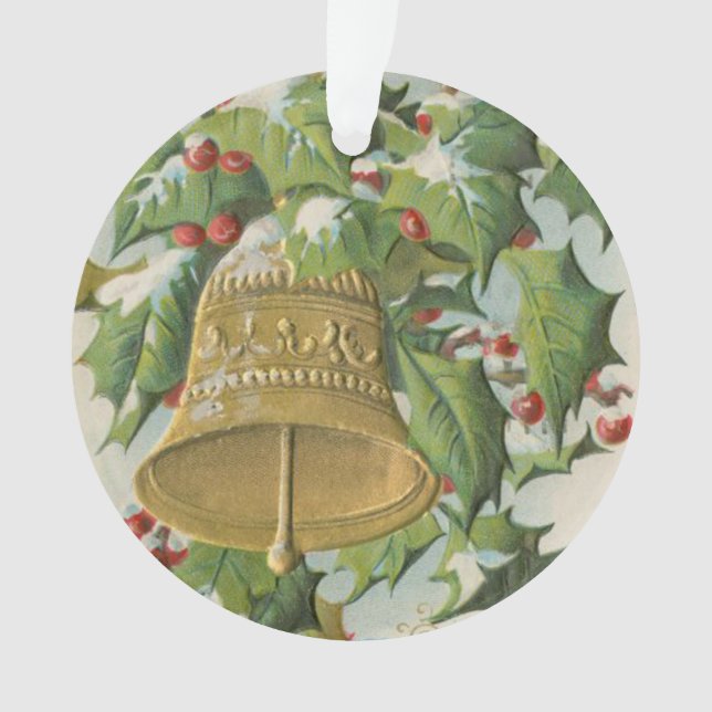 Vintage Christmas Bells and Frozen Holly Ornament (Front)