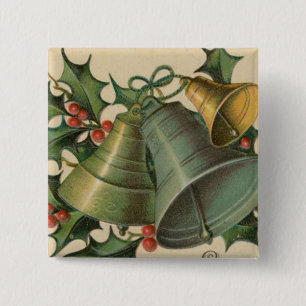 Vintage Christmas Bells and Holly 2 Inch Square Button