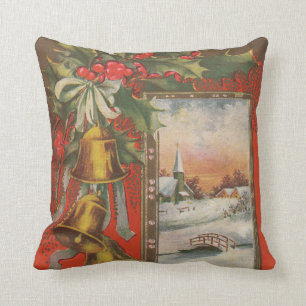 Vintage Christmas Bells and Winter Village Throw Pillow