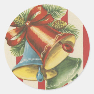 Vintage Christmas Bells On Red And White Stripe Classic Round Sticker