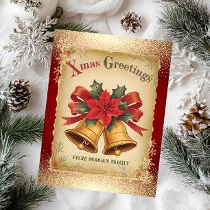 Vintage Christmas Bells Snowflakes Red Holiday  Card