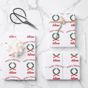 Vintage Christmas Berry Wreath Holiday Custom Name Wrapping Paper Sheet