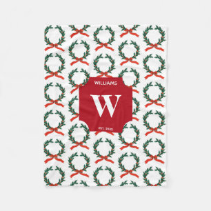 Vintage Christmas Berry Wreath Holiday Monogrammed Fleece Blanket