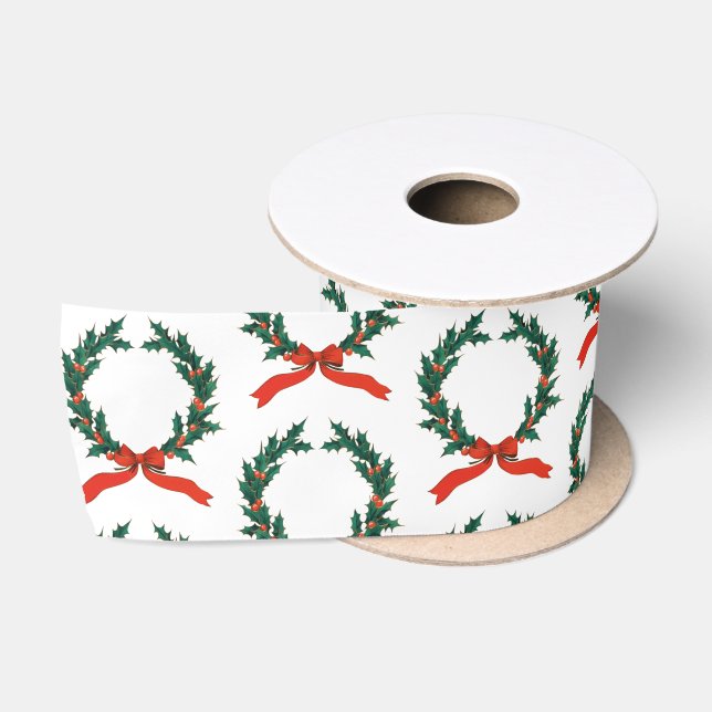 Vintage Christmas Berry Wreath Holiday  Satin Ribbon (Spool)