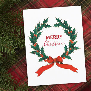 Vintage Christmas Berry Wreath Merry Christmas Holiday Postcard