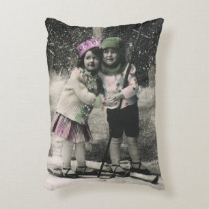Vintage Christmas, Best Friends on Skis Accent Pillow