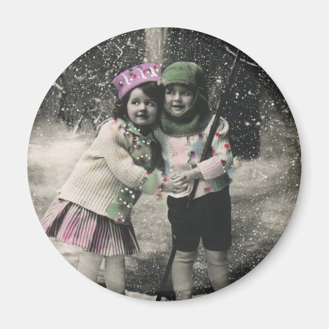 Vintage Christmas, Best Friends on Skis Magnet (Front)