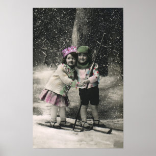 Vintage Christmas, Best Friends on Skis Poster