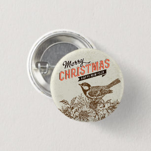 Vintage Christmas Bird and Flower 1 Inch Round Button