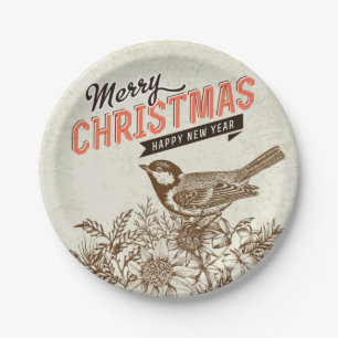 Vintage Christmas Bird and Flower Paper Plate