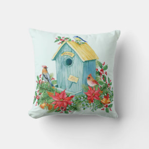 Vintage Christmas Birds and Berries Birdhouse Throw Pillow