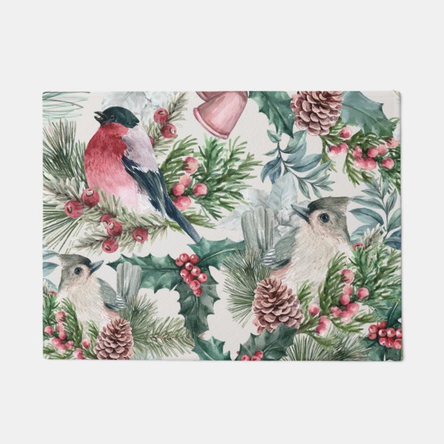 Vintage Christmas Birds and pines floral pattern Doormat (Front)