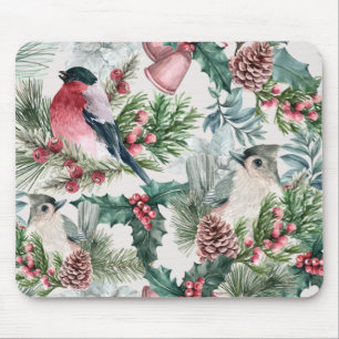 Vintage Christmas Birds and pines floral pattern Mouse Pad