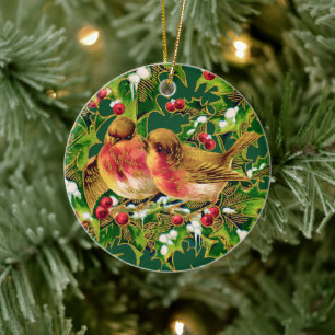 Vintage Christmas Birds Holly Faux Gold Ceramic Ornament