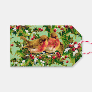 Vintage Christmas Birds Holly Faux Gold Pattern Gift Tags